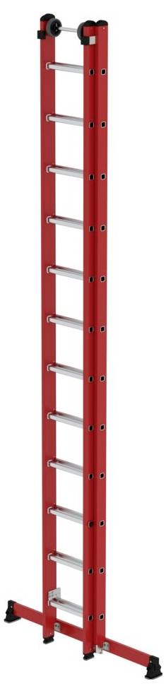 Rote Anlegeleiter mit zwölf Sprossen und schwarzen Stabilisatoren an beiden Enden. Geeignet für Haushalts- und Handwerksarbeiten.