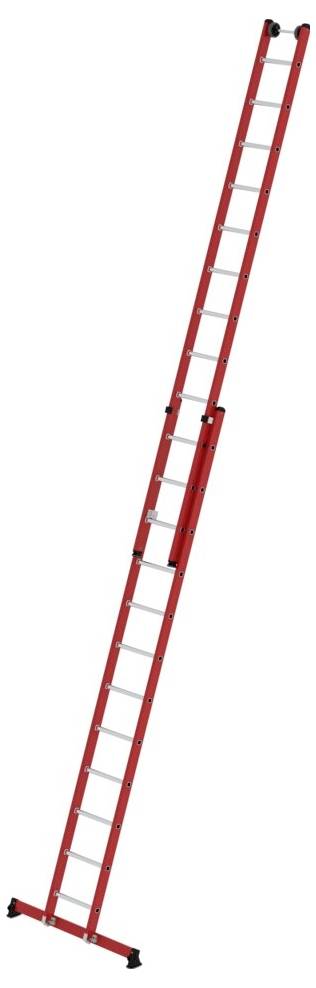 Eine lange, rote Anstellleiter aus Aluminium mit schwarzen Füßen.