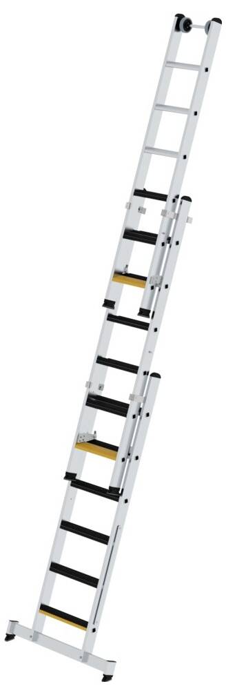 Eine ausziehbare Aluminiumleiter mit schwarzen Gummifüßen und gelben Stufenmarkierungen ist für den Einsatz auf Baustellen geeignet.