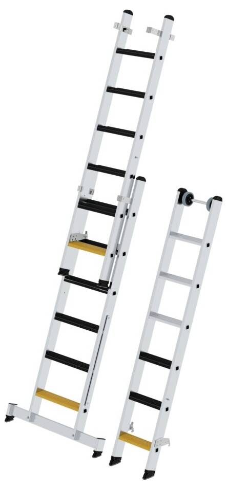 Zwei ausziehbare Leitern aus Metall. Die linke ist teilweise ausgezogen, während die rechte vollständig zusammengeklappt ist.