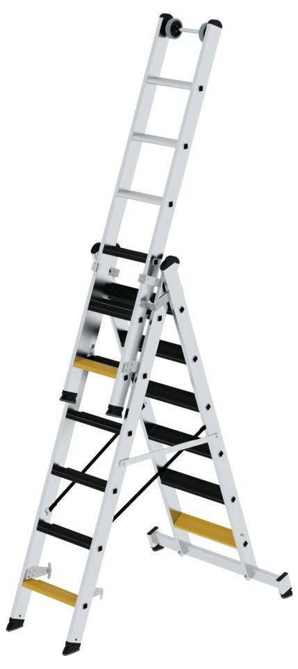 Aluminiumleiter mit mehrfachen Stufen; hält bis zu 150 kg. Verstellbar für unterschiedliche Höhen, geeignet für Bau- und Haushaltsarbeiten.