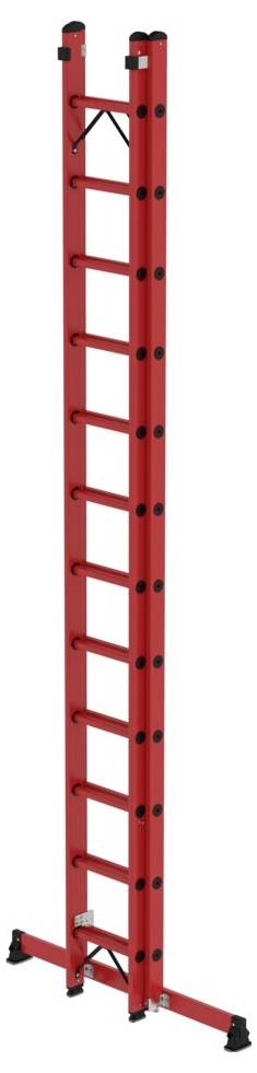 Rote Trittleiter mit zwölf Stufen, aufgestellt und ausziehbar, auf stabilen schwarzen Füßen stehend.