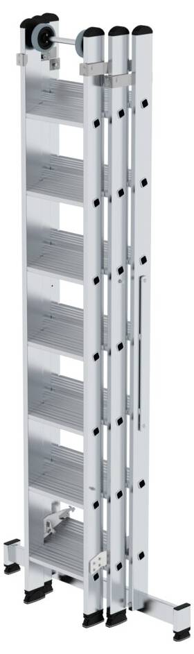 Eine klappbare Aluminiumleiter mit mehreren Segmenten. Sie ist zusammengeschoben und steht aufrecht. Ideal für vielseitige Einsätze.