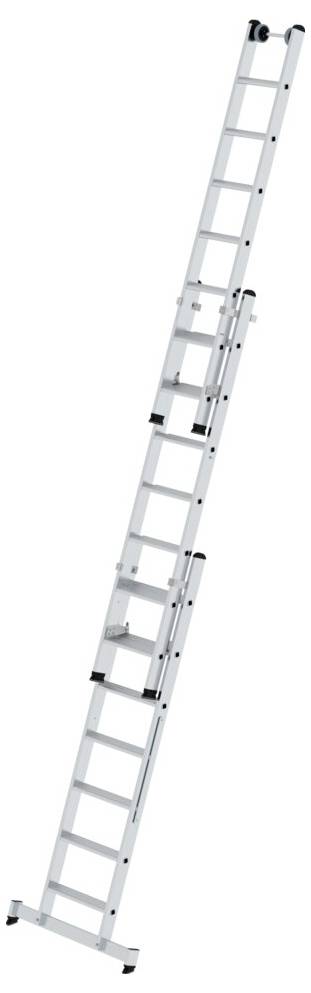 Aluminiumleiter in drei Abschnitten, ausgefahren. Geeignet für Arbeiten in großen Höhen.