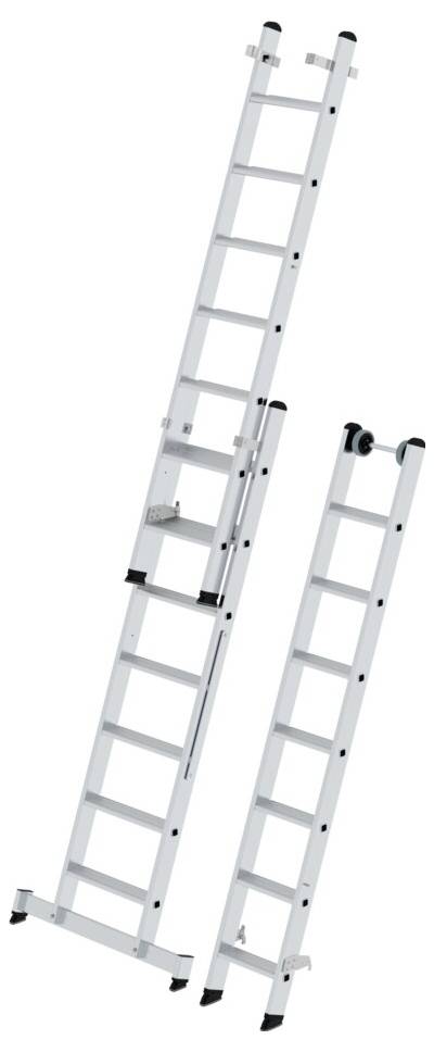 Aluminiumleiter, zweiteilig, ausziehbar, mit schwarzem rutschfestem Fuß und Sicherheitsstange.