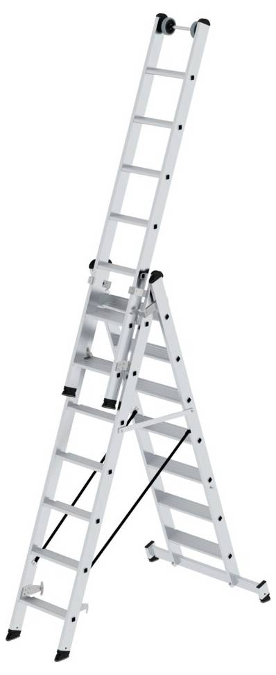 Eine silberne, ausziehbare Aluminiumleiter steht in geöffneter Position mit mehreren Stufen. Geeignet für verschiedene Höhenarbeiten.