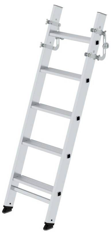 Metallleiter mit fünf Stufen, angelehnt an eine Wand, leicht nach rechts geneigt. Geeignet für den Indoor- und Outdoor-Gebrauch.