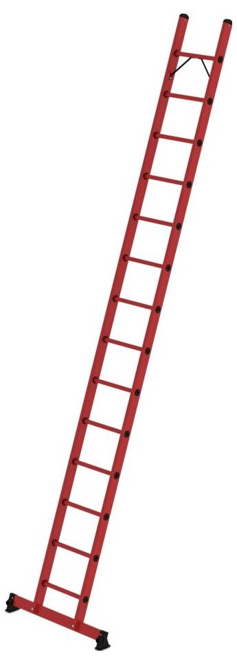 Eine rote Anstellleiter mit mehreren Sprossen, die nach oben geneigt ist, zeigt ihre Stabilität bei Anlehnung an eine Wand.