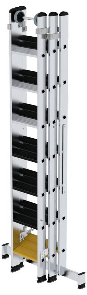 Eine dreiteilige Aluminiumleiter steht aufrecht und ist zusammengeklappt. Sie hat schwarze Trittfelder und Stabilisatoren an der Basis.