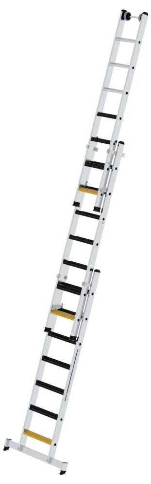 Eine lange, weiße Teleskopleiter mit schwarzen Stufen steht schräg aufgestellt.