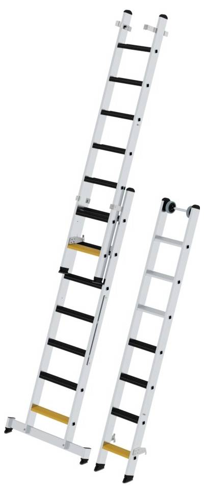 Zwei silberne Teleskopleitern nebeneinander, schwarze Sprossen, eine teilweise ausgefahren, die andere vollständig zusammengeklappt.