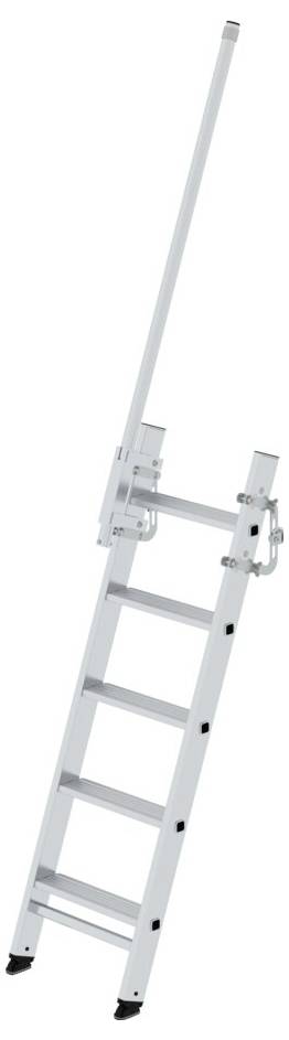 Eine silberne, ausziehbare Aluminiumleiter mit vier Sprossen, geeignet für den Einsatz an Gebäuden, mit Haken oben.