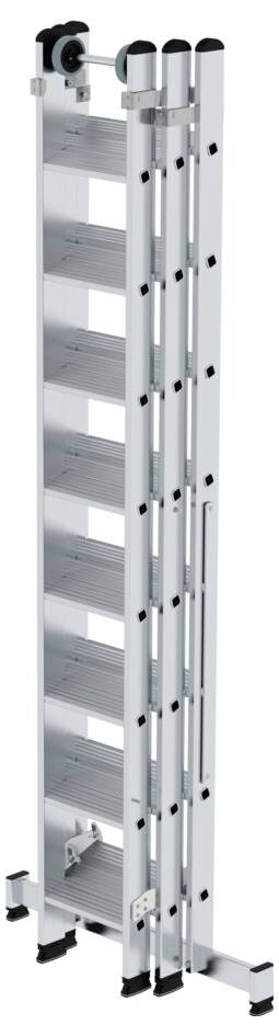 Eine zusammengeklappte, mehrteilige Aluminiumleiter mit Querstreben für Stabilität. Geeignet für vielseitige Einsatzmöglichkeiten.