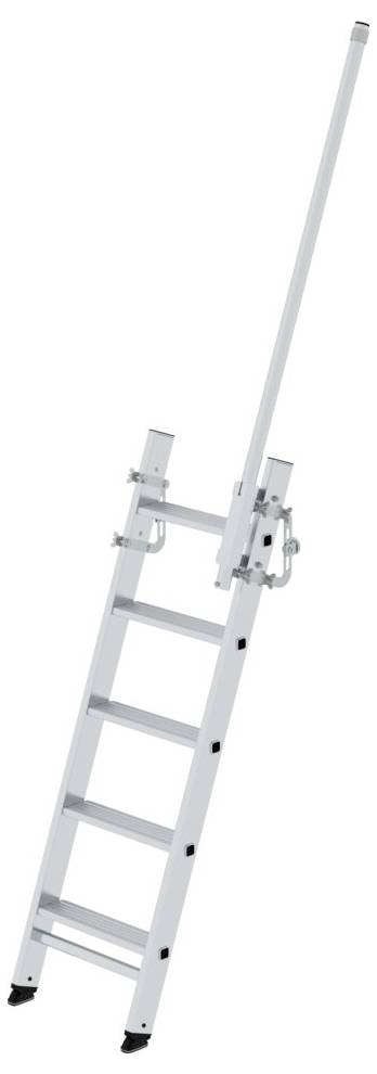 Eine ausziehbare Aluminiumleiter mit fünf Sprossen. Die Leiter hat ein Stützfußsystem und wird für den Zugang zu höheren Ebenen verwendet.