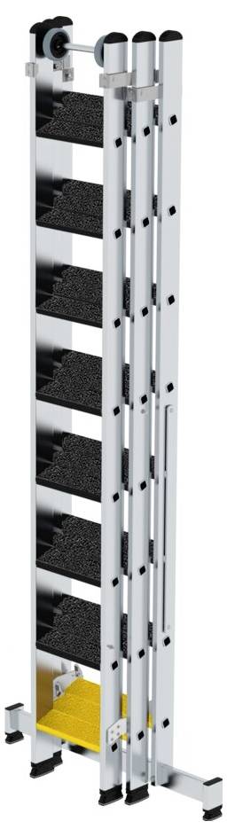 Metallische, klappbare Mehrzweckleiter in zusammengeklappter Form. Sie besteht aus mehreren Segmenten mit rutschfesten Stufen.