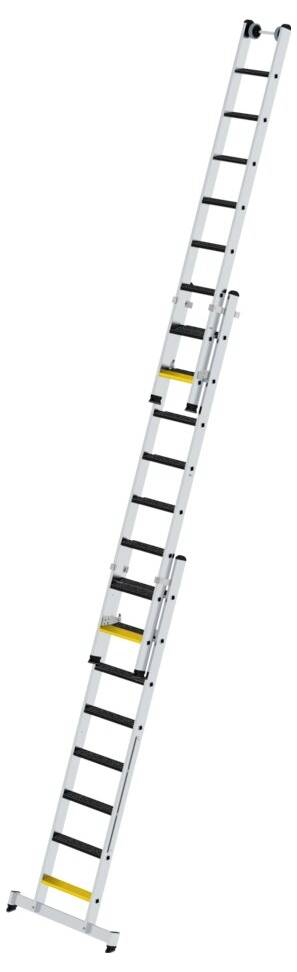 Eine lange, ausziehbare Aluminiumleiter mit schwarzen und gelben Markierungen, zum Erreichen hoher Stellen geeignet.