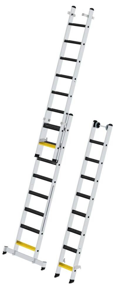 Zwei Aluminiumleitern: eine ausgezogene, eine zusammengeschoben; beide mit schwarzen Stufen und gelben Sicherheitsmarkierungen.