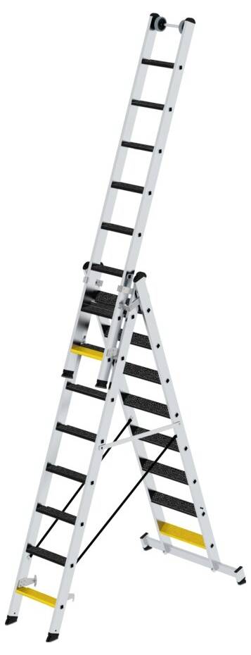 Eine ausziehbare Metallleiter mit zwei Teilen: ein stabiler Rahmen und eine verlängerte Spitze für größere Höhen.