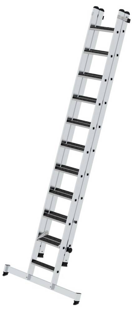 Leiter aus Metall in ausgezogener Position, geeignet für den Einsatz bei Höhenarbeiten. Enthält Sprossen für sicheres Klettern.