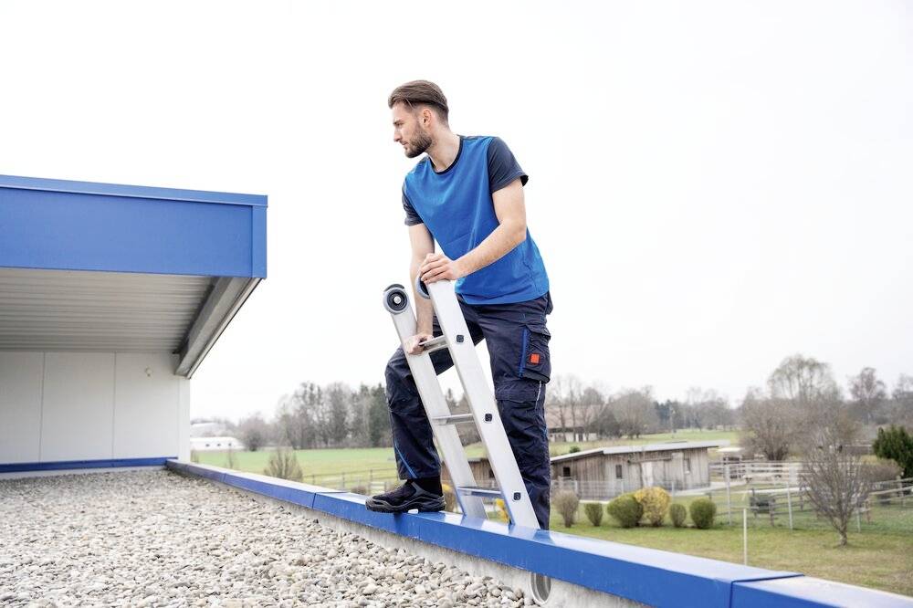 Ein Mann steht auf einer Aluminiumleiter am Rand eines Flachdachs, umgeben von einer ländlichen Landschaft mit Gebäuden im Hintergrund.