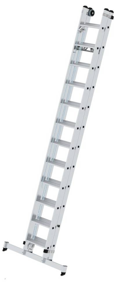Eine ausgefahrene, lange Aluminiumleiter mit mehreren Sprossen und stabilen Standfüßen, geeignet für Bau- oder Wartungsarbeiten.