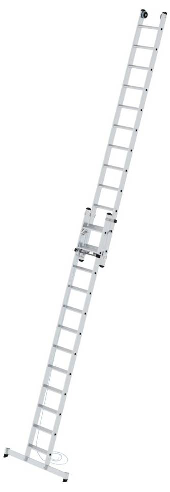 Eine lange, silberne Anlegeleiter aus Metall, ausgeklappt und schräg positioniert. Sie hat mehrere Sprossen für den Aufstieg.
