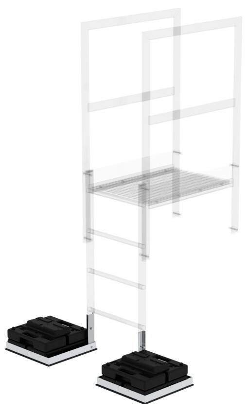 Illustration eines Regalsystems mit zwei Bodenständern, die eine stufenlos höhenverstellbare Plattform unterstützen.