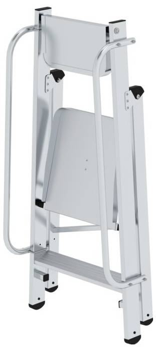 Klappbare Metallleiter in silberner Farbe, zusammengeklappt für einfache Lagerung, mit rutschfesten Füßen und Sicherheitsgeländern.