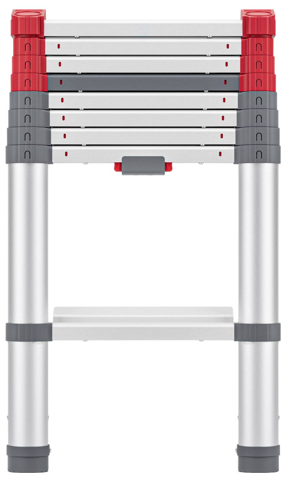 Ausgefahrene Teleskopleiter in Rot und Grau mit zwei stabilen Stufen, geeignet für den Innen- und Außeneinsatz.