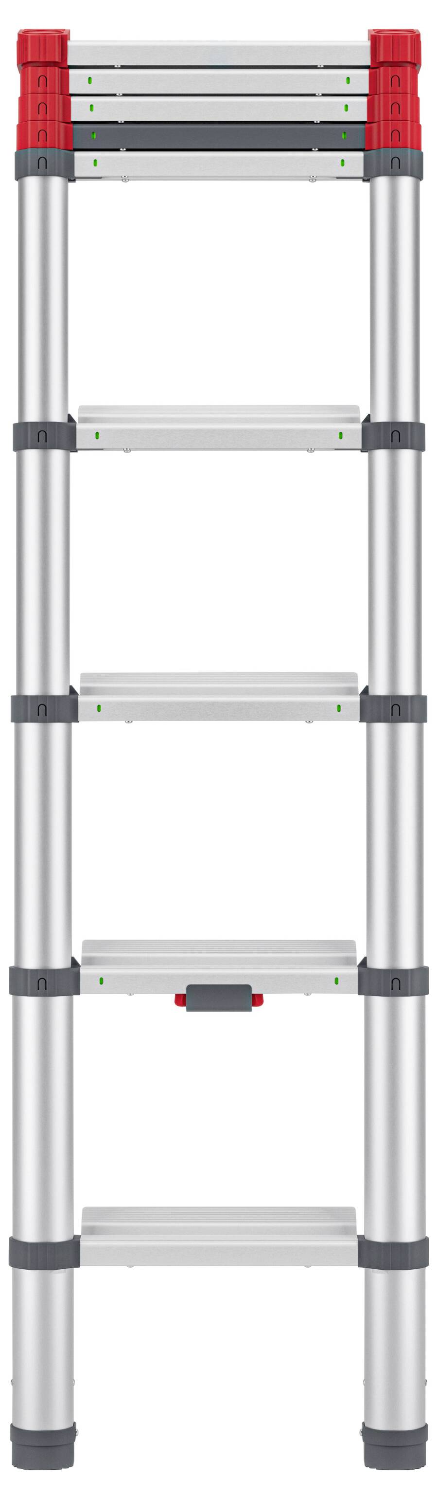 Teleskopleiter aus Metall mit sechs Stufen, in zusammengezogener Position. Ideal für Lagerung und Transport.