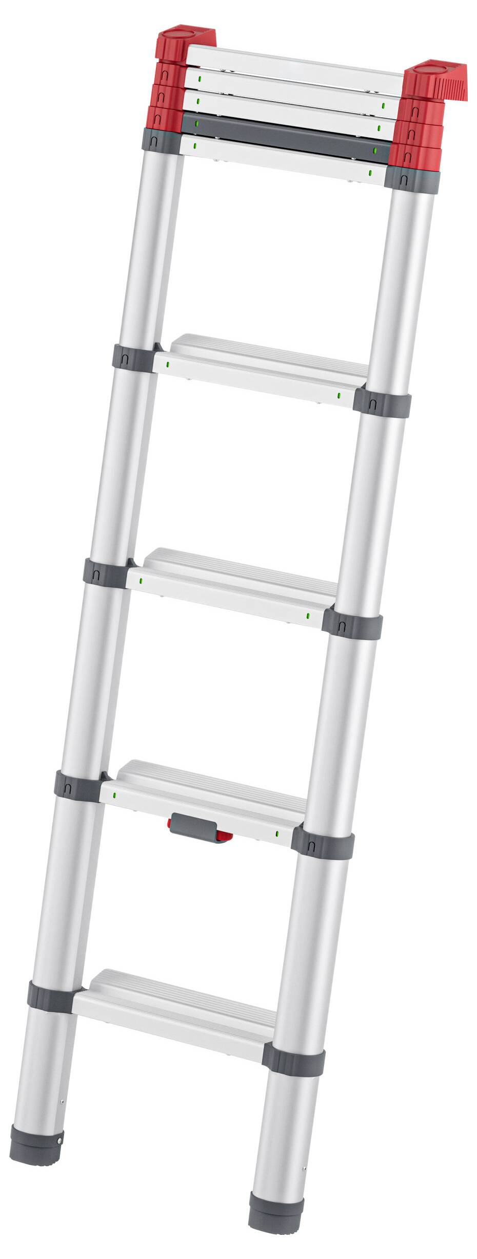 Eine silberne, ausziehbare Aluminiumleiter mit fünf Stufen, roten Kunststoffabschlüssen und schwarzen Gummifüßen. Geeignet für den Innen- und Außenbereich.