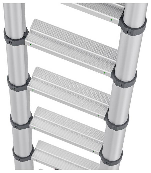 Eine zusammenklappbare Aluminiumleiter mit silbernen Stufen und grauen Details, dargestellt in einem Aufwärtswinkel.