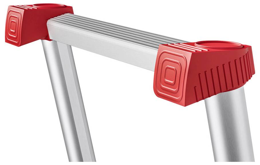 Silberne Leiter mit rotem Kunststoffenden auf den oberen Stufen. Die Leiter ist ausgefahren und steht wahrscheinlich für Stabilität.