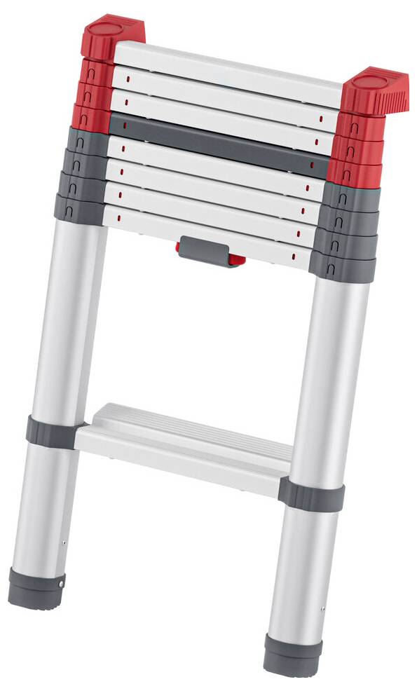 Teleskopleiter mit roten und grauen Akzenten, eingefahren, robustes Design, geeignet für vielseitige Tätigkeiten in verschiedenen Höhen.