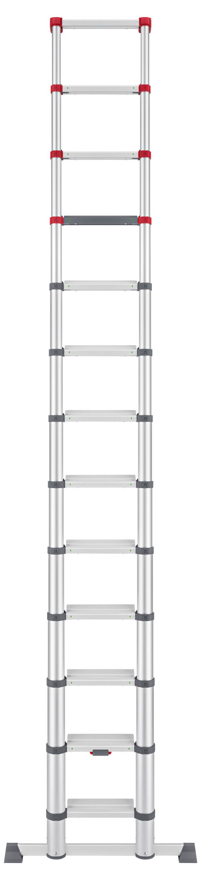 Zusammenklappbare Aluleiter, in voller Länge ausgezogen, mit zwölf Sprossen und roten Sicherheitsverschlüssen. Ideal für hohe Arbeiten.