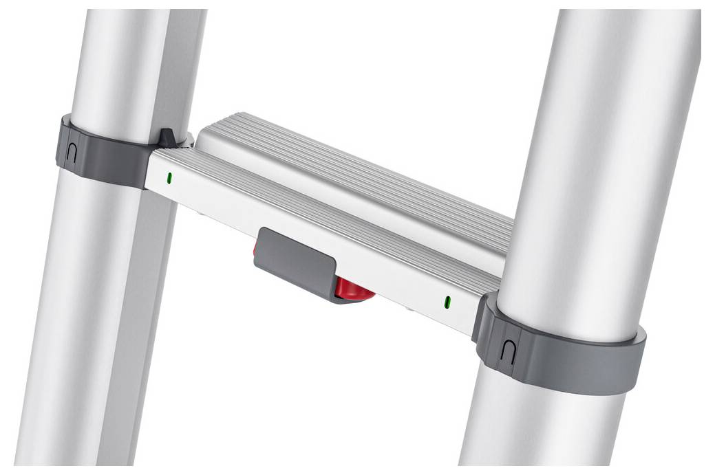 Silberne Teleskopleiter mit rotem Verriegelungsmechanismus und grünen Kontrollleuchten, die die gesicherte Verriegelung anzeigen.