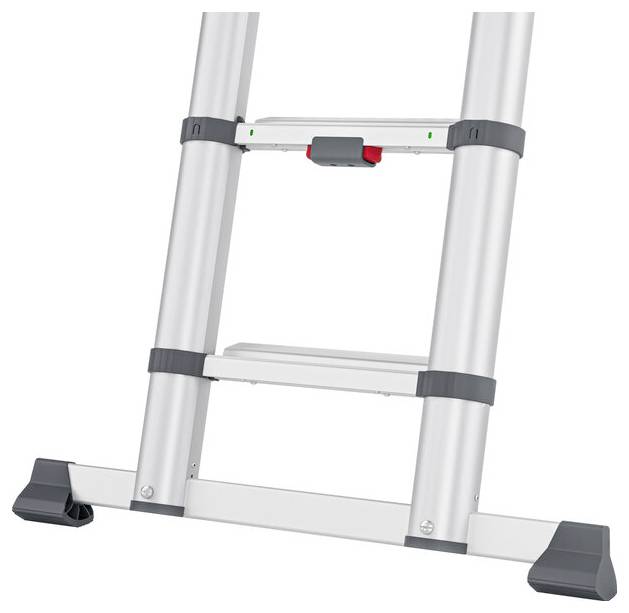 Ein Aluminium-Teleskopleiter-Abschnitt mit schwarzen Kunststofffüßen, zeigt Stabilität und Längenverstellbarkeit.