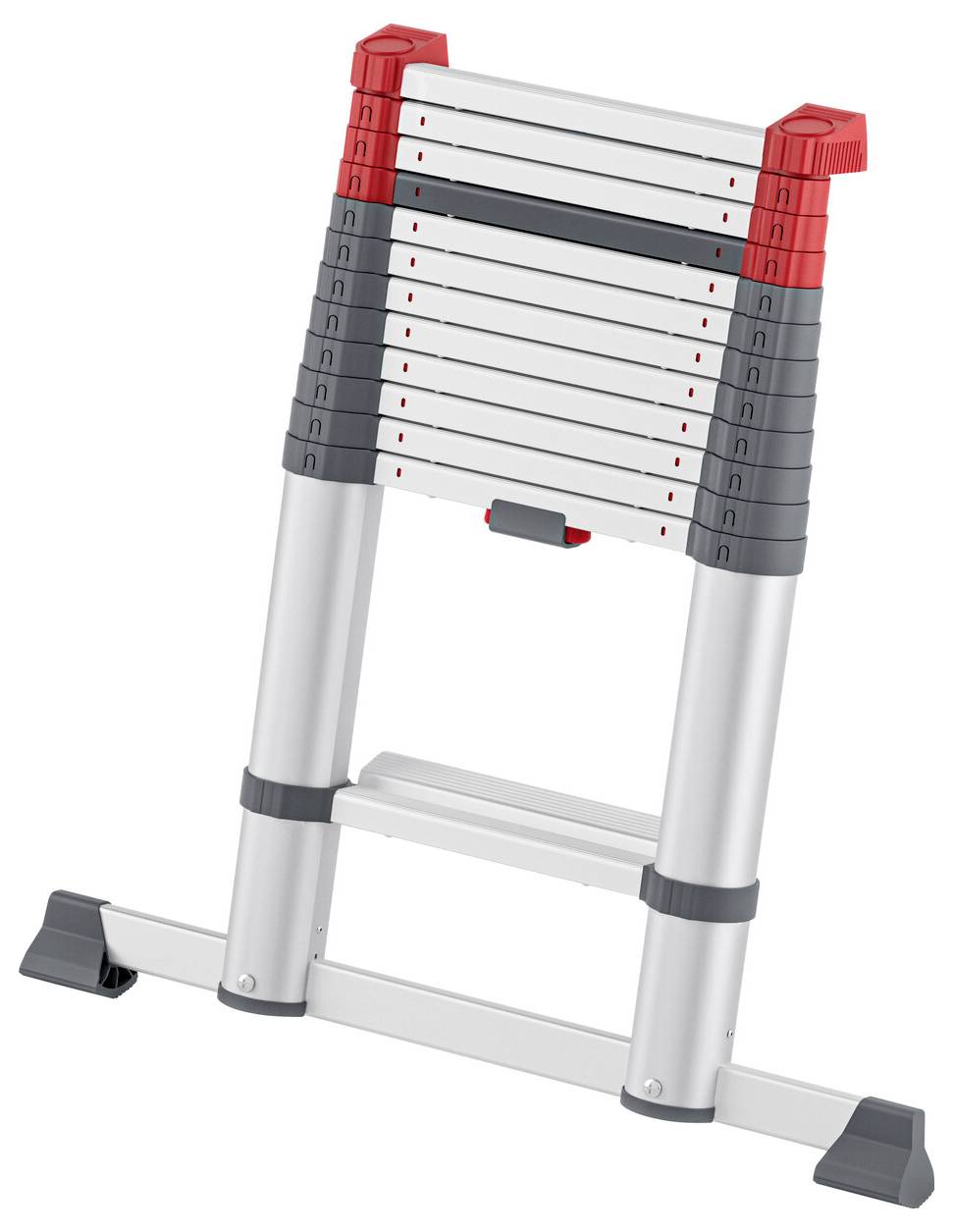 Teleskopleiter in zusammengeklappter Form aus Metall mit roten und grauen Elementen, geeignet für den Innen- und Außeneinsatz.