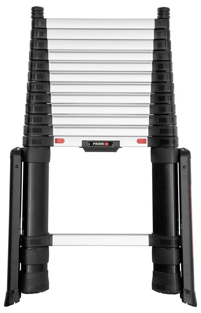 Zusammenklappbare Teleskopleiter in ausgezogener Position, geeignet für vielseitige Höhenarbeiten und platzsparende Lagerung.