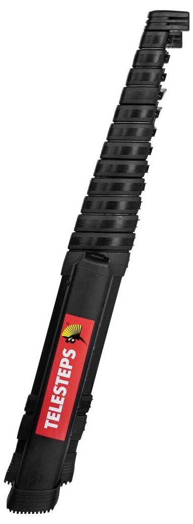 Teleskopische Leiter mit schwarzem Design und rotem 'Telesteps'-Logo, ideal für einfache Lagerung und Transport.