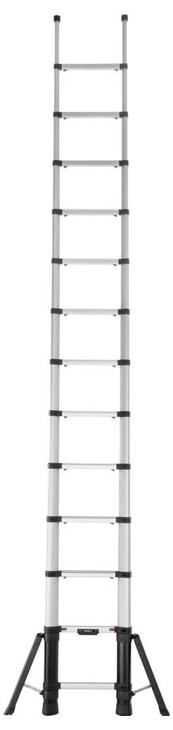 Teleskopleiter, ausgefahren, stehend auf einem stabilen, schwarzen Standfuß. Ideal zum Erreichen höherer Ebenen.