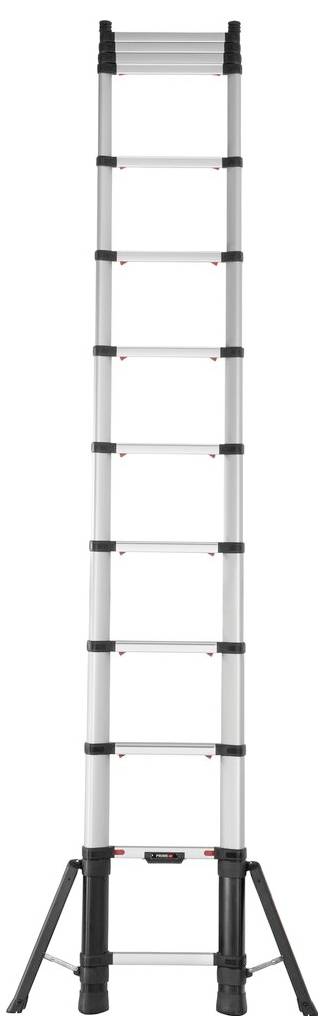 Eine lange, ausziehbare Aluminiumleiter mit schwarzen rutschfesten Gummifüßen und stabilen Querstreben für sicheren Stand.