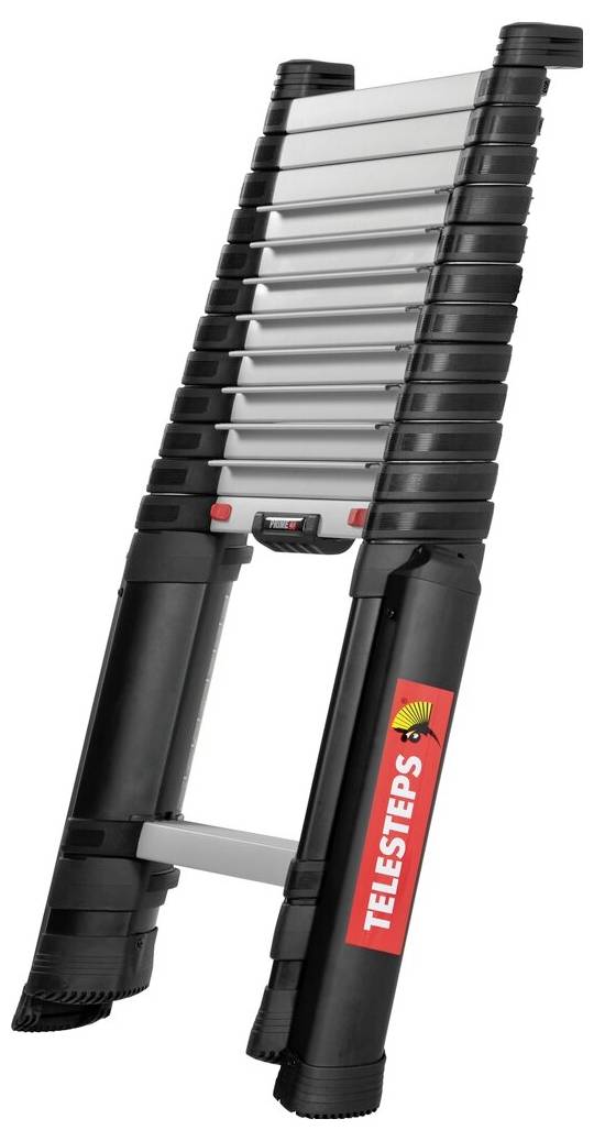 Teleskopische Leiter in schwarz und silber mit 'TELESTEPS' Logo, ausgefahren in einer Umgebung, die Arbeitsaufgaben oder Reparaturen vermuten lässt.