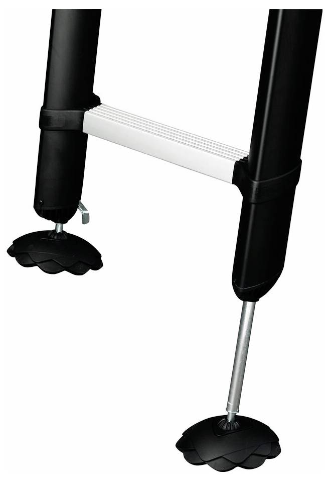 Ein schwarzes Tischbein mit runden Gummifüßen und einer Verbindung aus silbernem Metall, die Stabilität und Rutschfestigkeit bietet.