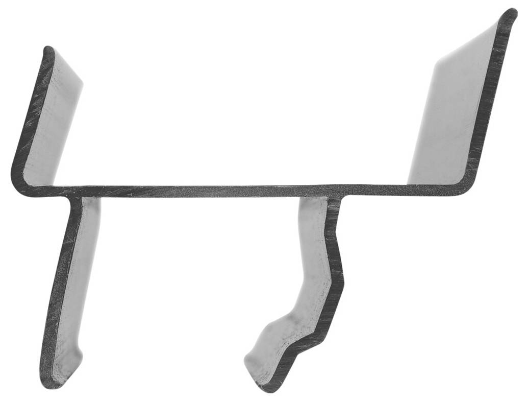 Ein Querschnitt eines komplex geformten Metallprofils mit mehreren Kanten und Winkeln, das für Bau- oder Ingenieurszwecke verwendet wird.