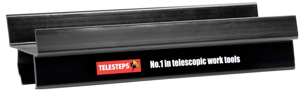 Schwarzes Metallteil mit darauf gedrucktem Logo 'TELESTEPS' und Slogan 'No. 1 in telescopic work tools' in weißer Schrift.