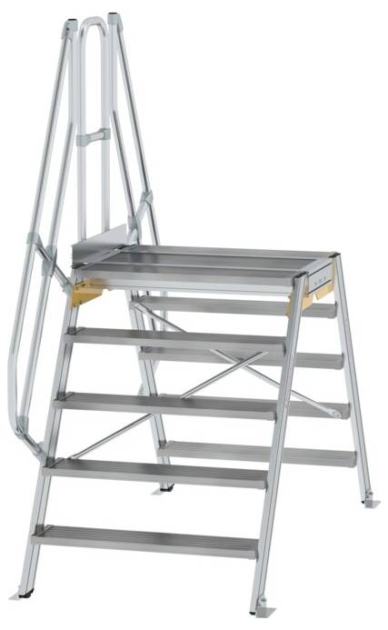 Eine silberne Aluminium-Plattformleiter mit fünf Stufen, geeignet für sicheres Arbeiten in der Höhe, leicht und tragbar.