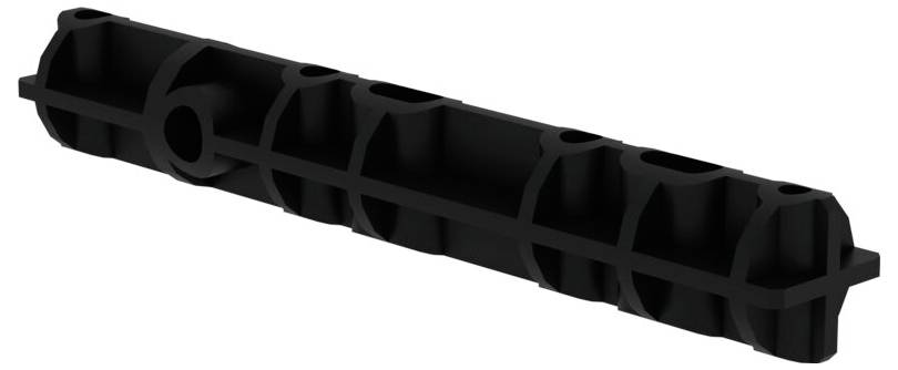 Schwarzes rechteckiges Bauteil mit mehreren Öffnungen, vermutlich ein Verteiler oder Anschlussstück für technische Anwendungen.