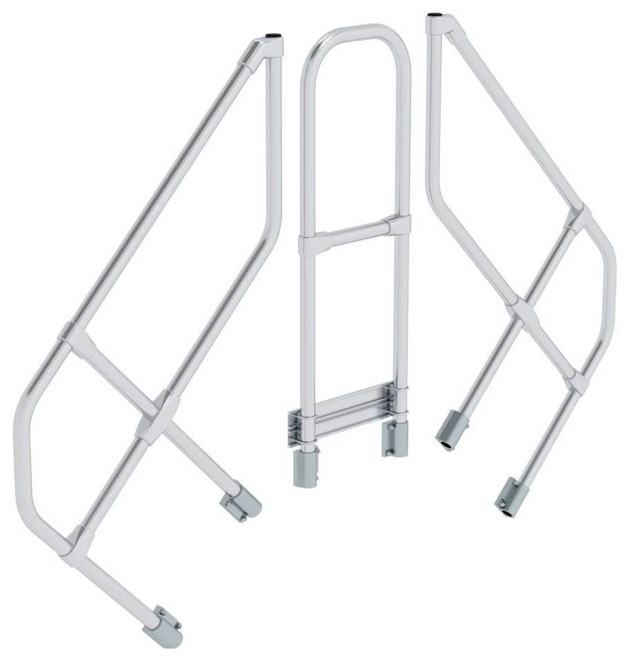 Metallgeländer aus drei Teilen, mittleres Teil als Eingang; Silberfarbe; industrielle Anwendung oder Sicherheitslösung.