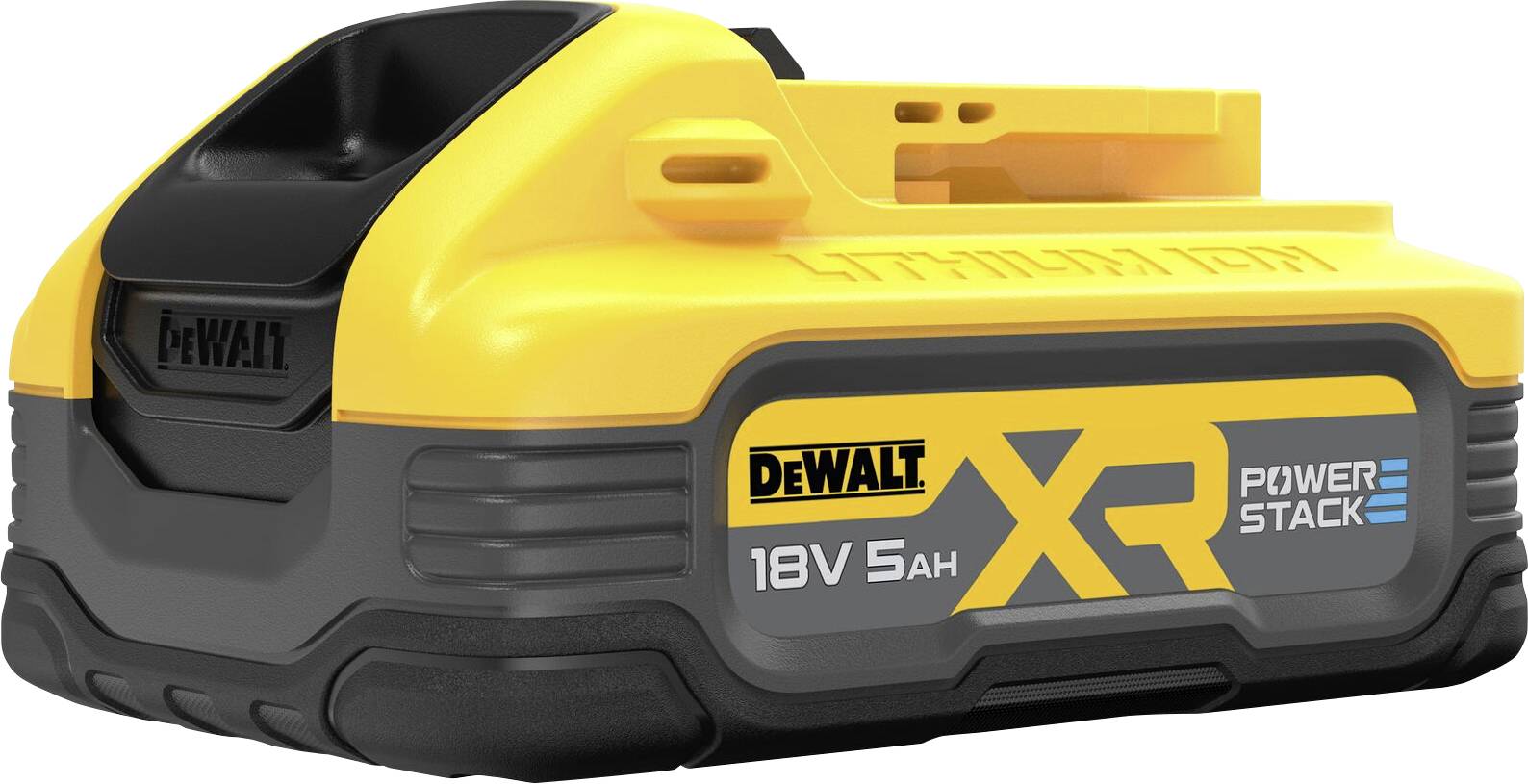 Gelber und schwarzer 18V DeWalt XR Akku mit der Aufschrift 'PowerStack', kompakte Bauweise, 5Ah Kapazität, für Elektrowerkzeuge.